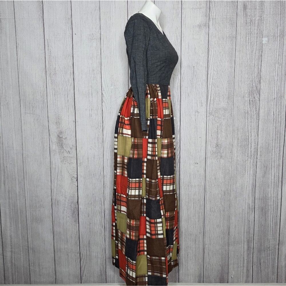 VTG 70s Vicky Vaughn Juniors Patchwork Fall Plaid Prairie Maxi Dress, Sz Small - Picture 4 of 6